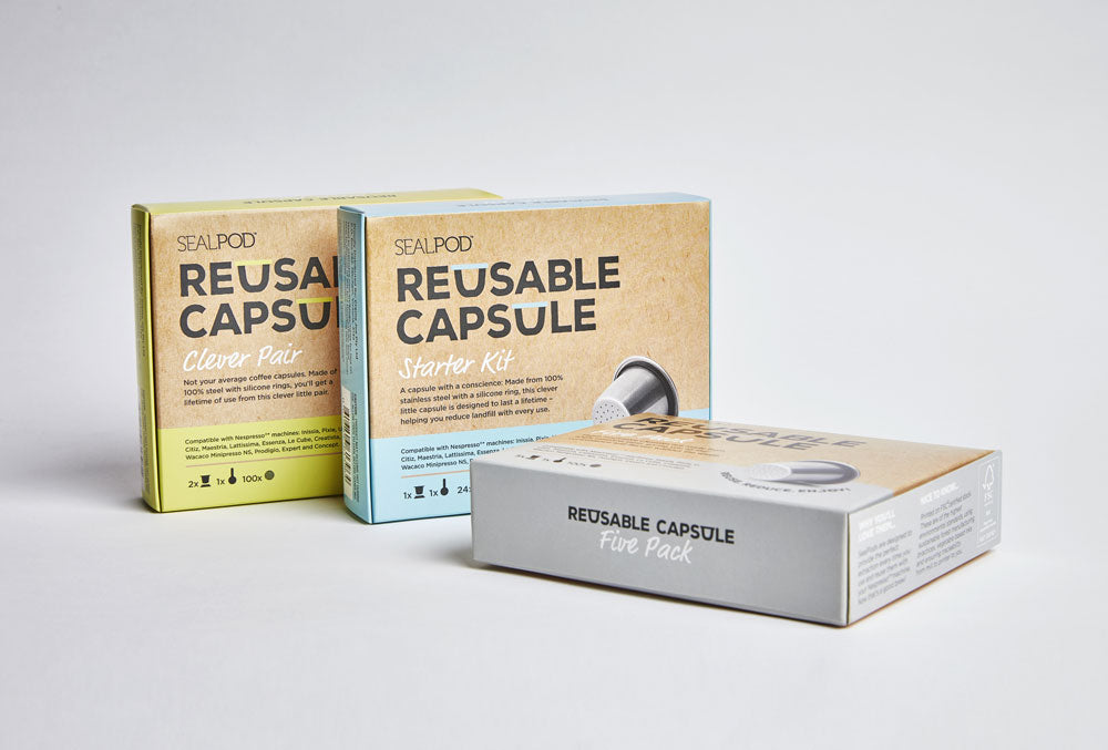 the range of Sealpod reusable coffee capsules pods starter packs